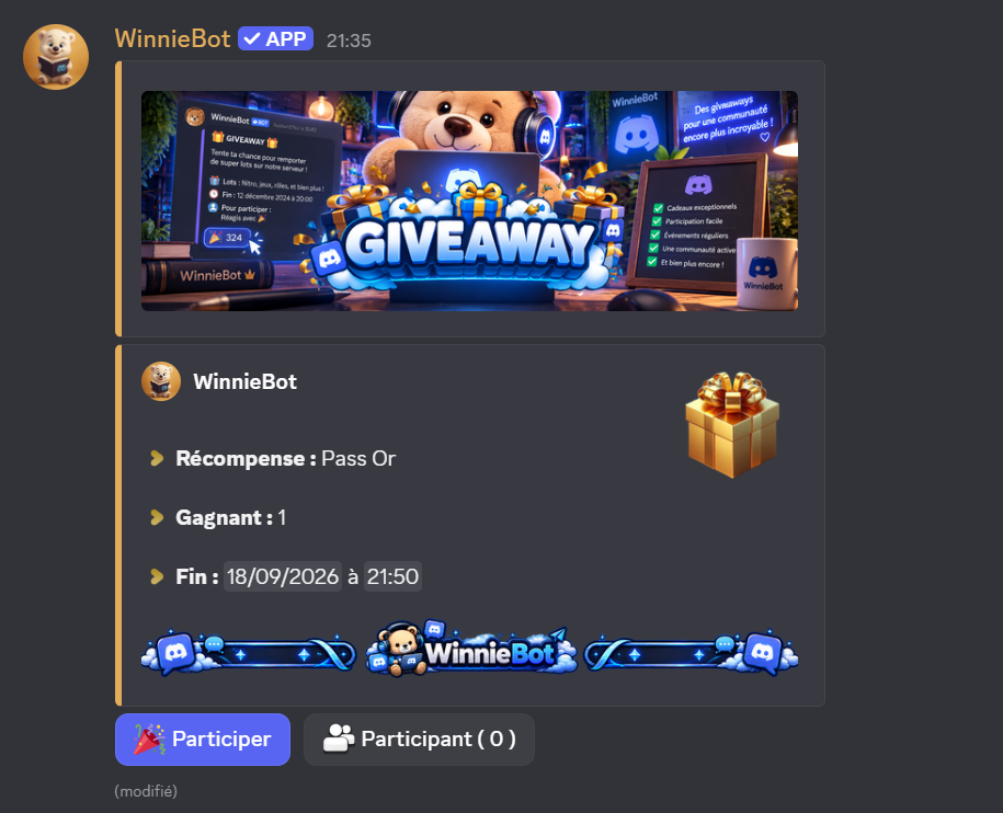 Giveaway proposé aux membres Discord